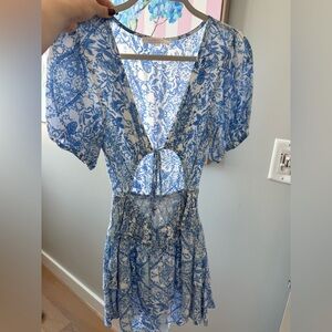 Olivaceous Blue and White Floral Maxi Dress with Tie Front